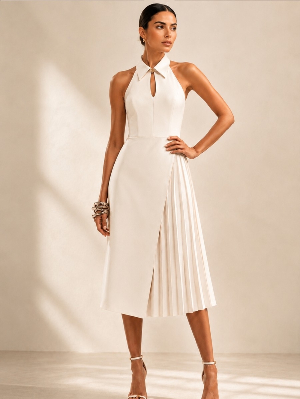 Commense One-Shoulder Cream Halter Dress with Pleated Side Panel
